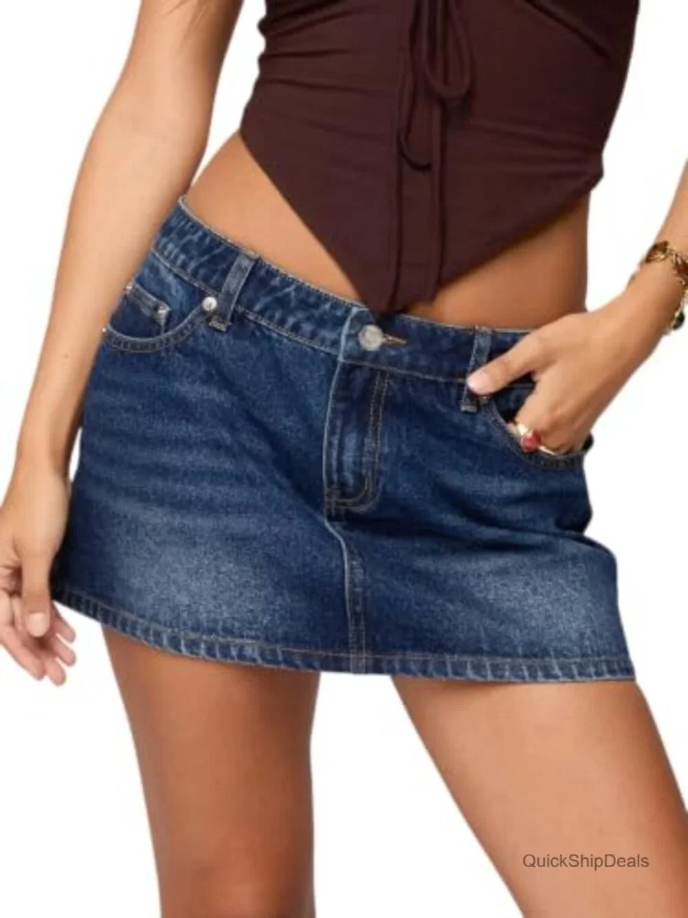 Stretchy Mini Skort with Built-in Shorts, High Waist Denim Skirt